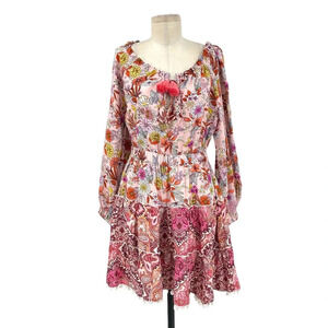 Celina Moon Pom Pom Trim Mini Dress Pink Floral Paisley Print Size Medium